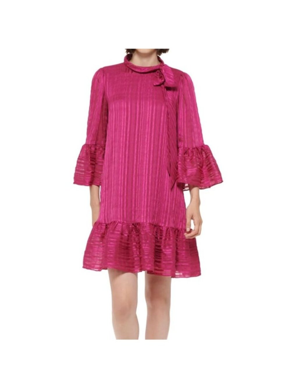 NWT Calvin Klein Womens Pink Metallic Tie-Neck Bell Sleeve Shift Dress Size 12